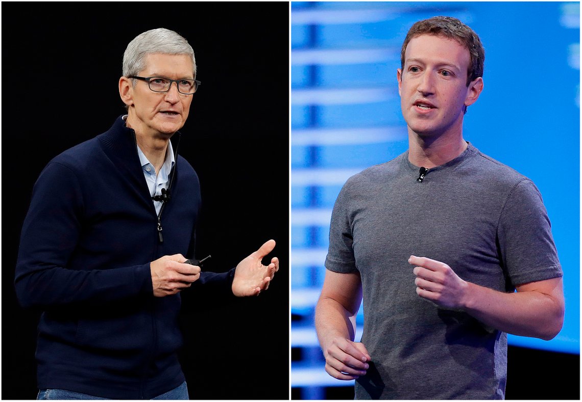FILE - In this combo of file photos, Apple CEO Tim Cook speaks on the new Apple campus on Sept. 12, 2017, in Cupertino, Calif., left, and Facebook CEO Mark Zuckerberg speaks at the F8 Facebook Developer Conference on April 12, 2016, in San Francisco, right. Facebook is again pushing back on new Apple privacy rules for its mobile devices, this time saying the social media giant is standing up for small businesses in full page newspaper ads. In ads that ran in The New York Times, The Wall Street Journal and other national newspapers, Facebook said Apple's new rules limit businesses ability to run personalized ads and reach their customers effectively." (AP Photo/Eric Risberg, File) FILE - In this combo of file photos, Apple CEO Tim Cook speaks on the new Apple campus on Sept. 12, 2017, in Cupertino, Calif., left, and Facebook CEO Mark Zuckerberg speaks at the F8 Facebook Developer Conference on April 12, 2016, in San Francisco, right. Facebook is again pushing back on new Apple privacy rules for its mobile devices, this time saying the social media giant is standing up for small businesses in full page newspaper ads. In ads that ran in The New York Times, The Wall Street Journal and other national newspapers, Facebook said Apple's new rules limit businesses ability to run personalized ads and reach their customers effectively." (AP Photo/Eric Risberg, File)