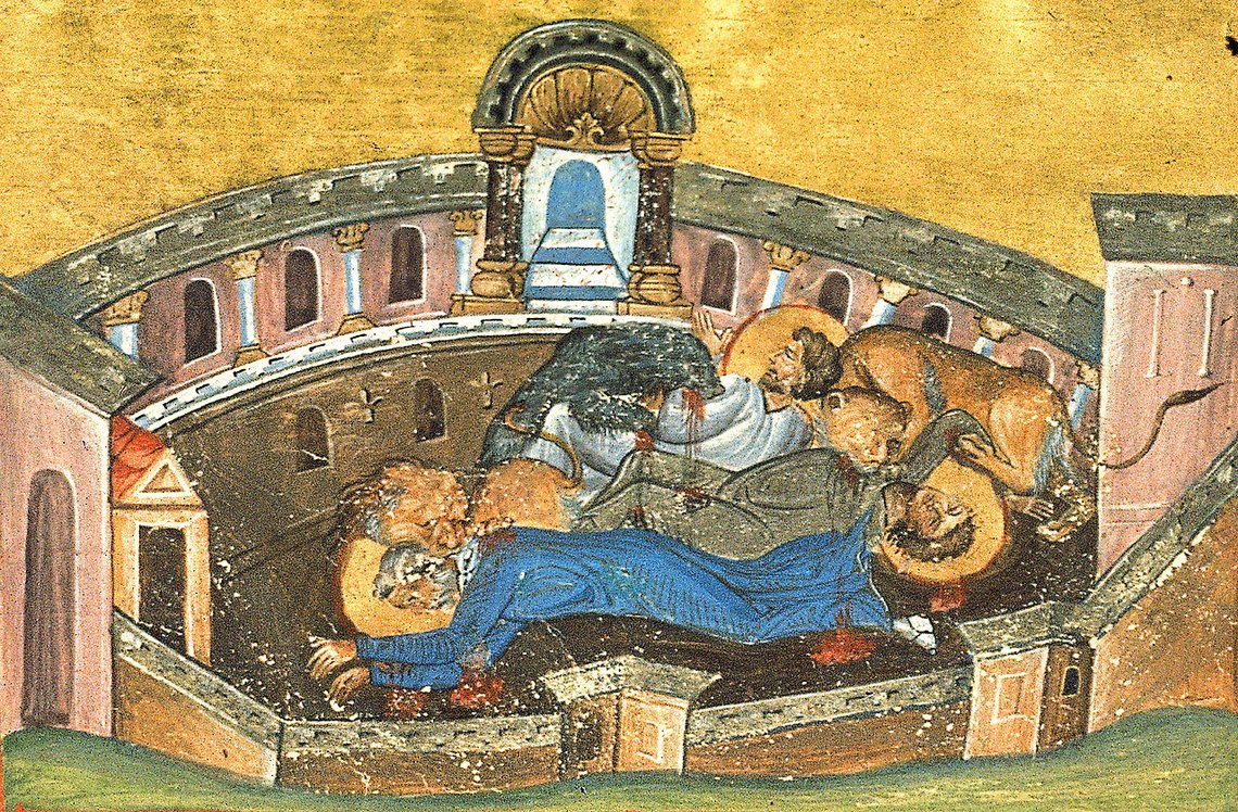 The execution of the martyrs Luke the Deacon, Mocius the Reader, and Silvanus, bishop of Emesa, reputed to have been killed under the emperor Maximinus Daia, depicted in the Menologion of Basil II The execution of the martyrs Luke the Deacon, Mocius the Reader, and Silvanus, bishop of Emesa, reputed to have been killed under the emperor Maximinus Daia, depicted in the Menologion of Basil II