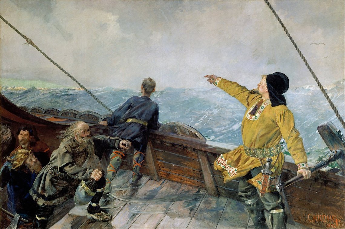 Leiv Eiriksson oppdager Amerika, malt av Christian Krohg, 1893. Bilde fra Wikimedia commons. Leiv Eiriksson oppdager Amerika, malt av Christian Krohg, 1893. Bilde fra Wikimedia commons.