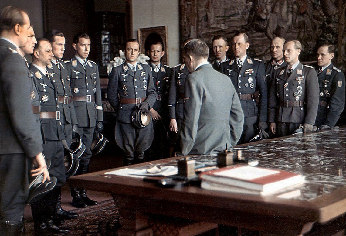Luftwaffe aces meet Hitler after an awards ceremony at the Berghof, April, 1944 Luftwaffe aces meet Hitler after an awards ceremony at the Berghof, April, 1944