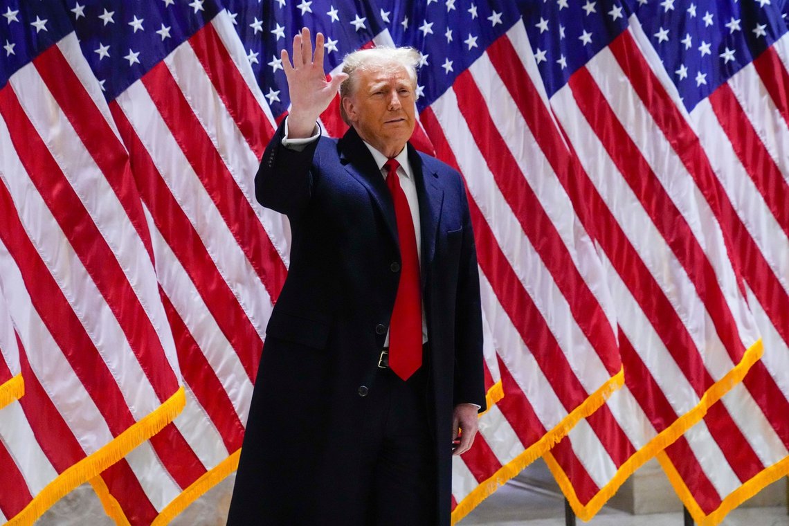 Former President Donald Trump waves to supporters during a news conference, Wednesday, Jan. 17, 2024, in New York. (AP Photo/Frank Franklin II) Former President Donald Trump waves to supporters during a news conference, Wednesday, Jan. 17, 2024, in New York. (AP Photo/Frank Franklin II)