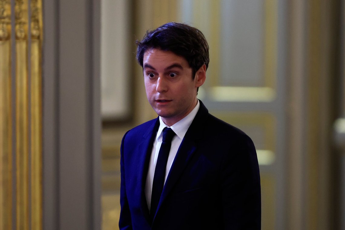 French Prime Minister Gabriel Attal arrives to attend French President Emmanuel Macron's news conference to announce his top priorities for the year as he seeks to revitalize his presidency, vowing to focus on "results" despite not having a majority in parliament, Tuesday, Jan. 16, 2024 at the Elysee Palace in Paris. (AP Photo/Aurelien Morissard) French Prime Minister Gabriel Attal arrives to attend French President Emmanuel Macron's news conference to announce his top priorities for the year as he seeks to revitalize his presidency, vowing to focus on "results" despite not having a majority in parliament, Tuesday, Jan. 16, 2024 at the Elysee Palace in Paris. (AP Photo/Aurelien Morissard)
