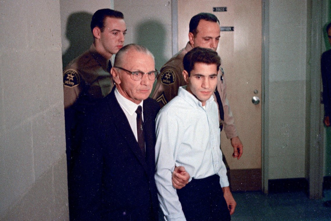 FILE - This June 1968, photo shows Sirhan Sirhan, right, accused assassin of Sen. Robert F. Kennedy with his attorney Russell E. Parsons in Los Angeles. Sirhan Sirhan, who assassinated presidential candidate Robert F. Kennedy in 1968, is asking a judge on Wednesday, Sept. 28, 2022, to free him from prison by reversing California Gov. Gavin Newsom's denial of his parole earlier in the year. (AP Photo/File) FILE - This June 1968, photo shows Sirhan Sirhan, right, accused assassin of Sen. Robert F. Kennedy with his attorney Russell E. Parsons in Los Angeles. Sirhan Sirhan, who assassinated presidential candidate Robert F. Kennedy in 1968, is asking a judge on Wednesday, Sept. 28, 2022, to free him from prison by reversing California Gov. Gavin Newsom's denial of his parole earlier in the year. (AP Photo/File)