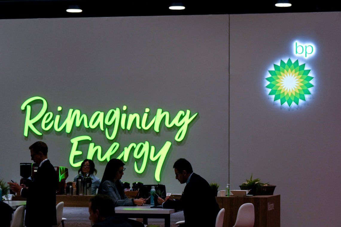Delegates are silhouetted while meeting at the British Petroleum (BP) booth during the LNG2023 conference in Vancouver, British Columbia, Tuesday, July 11, 2023. (Darryl Dyck/The Canadian Press via AP) Delegates are silhouetted while meeting at the British Petroleum (BP) booth during the LNG2023 conference in Vancouver, British Columbia, Tuesday, July 11, 2023. (Darryl Dyck/The Canadian Press via AP)