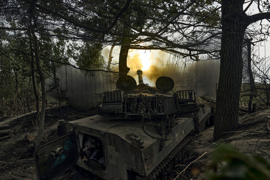 A Ukrainian self-propelled artillery system fires towards the Russian positions at the front line near Bakhmut, Donetsk region, Ukraine, Friday, Sept. 1, 2023. (AP Photo/Libkos) A Ukrainian self-propelled artillery system fires towards the Russian positions at the front line near Bakhmut, Donetsk region, Ukraine, Friday, Sept. 1, 2023. (AP Photo/Libkos)