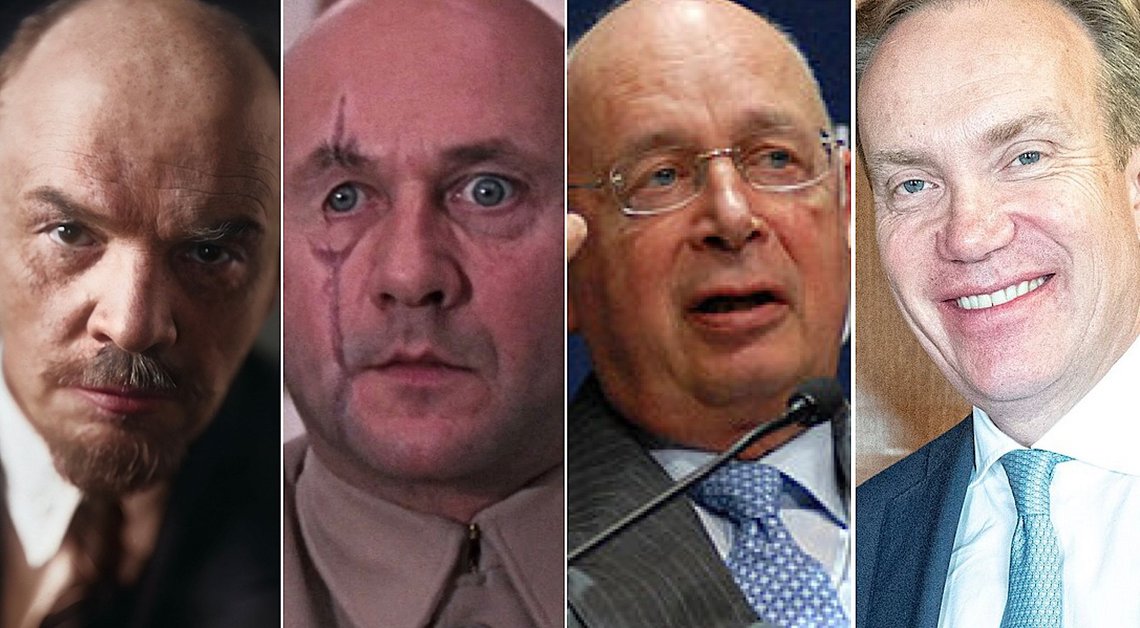 Vladimir Lenin, Donald Pleasence i rollen som Ernst Stavro Blofeld i James Bond-filmen «You only live twice», Klaus Schwab og Børge Brende. Foto: Pavel Zhukov, Eon Productions / YouTube, World Economic Forum / cc by-sa 2.0 / Wikimedia Commons og U.S. Department of State. Vladimir Lenin, Donald Pleasence i rollen som Ernst Stavro Blofeld i James Bond-filmen «You only live twice», Klaus Schwab og Børge Brende. Foto: Pavel Zhukov, Eon Productions / YouTube, World Economic Forum / cc by-sa 2.0 / Wikimedia Commons og U.S. Department of State.