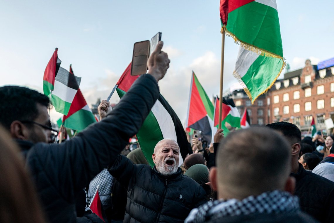 Pro-Palestinian protestors attend a protest rally in Copenhagen, Denmark on Saturday, October 14, 2023. Thousands of people marched from Noerrebro to Raadhuspladsen in Copenhagen on Saturday calling for attention to the population in Gaza. (Rasmus Flindt Pedersen/Ritzau Scanpix via AP) Pro-Palestinian protestors attend a protest rally in Copenhagen, Denmark on Saturday, October 14, 2023. Thousands of people marched from Noerrebro to Raadhuspladsen in Copenhagen on Saturday calling for attention to the population in Gaza. (Rasmus Flindt Pedersen/Ritzau Scanpix via AP)