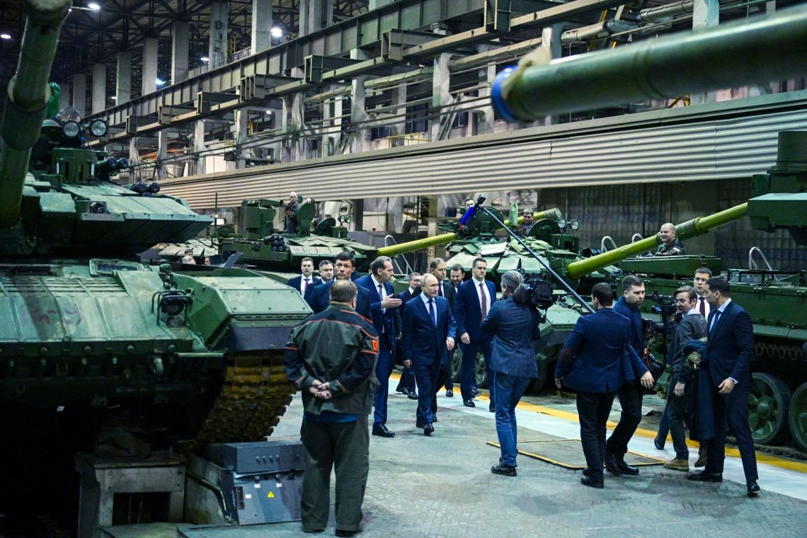 FILE - Russian President Vladimir Putin, center, visits the Uralvagonzavod factory in Nizhny Tagil, Russia, on Thursday, Feb. 15, 2024. With the fighting in Ukraine now entering its third year, Putin hopes to achieve his goals by biding his time and waiting for Western support for Ukraine to wither while Moscow maintains its steady military pressure along the front line. (Ramil Sitdikov, Sputnik, Kremlin Pool Photo via AP, File) FILE - Russian President Vladimir Putin, center, visits the Uralvagonzavod factory in Nizhny Tagil, Russia, on Thursday, Feb. 15, 2024. With the fighting in Ukraine now entering its third year, Putin hopes to achieve his goals by biding his time and waiting for Western support for Ukraine to wither while Moscow maintains its steady military pressure along the front line. (Ramil Sitdikov, Sputnik, Kremlin Pool Photo via AP, File)