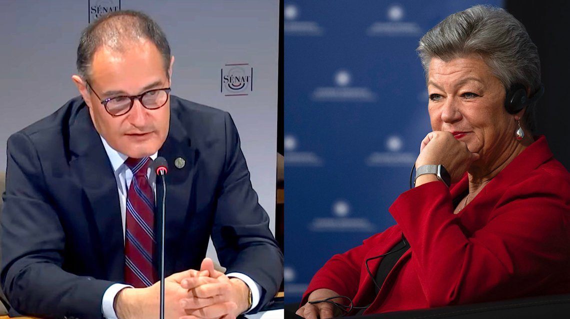 T.v. tidligere Frontex-sjef Fabrice Leggeri (stillbilde: Frankrikes senat / YouTube), t.h. EUs innenrikskommissær Ylva Johansson (foto: Michael Varaklas / AP / NTB). T.v. tidligere Frontex-sjef Fabrice Leggeri (stillbilde: Frankrikes senat / YouTube), t.h. EUs innenrikskommissær Ylva Johansson (foto: Michael Varaklas / AP / NTB).