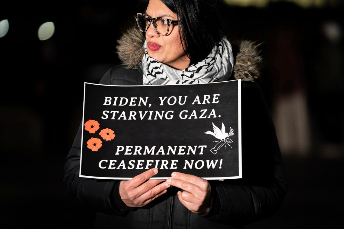 Rep. Rashida Tlaib, D-Mich., attends a vigil alongside state legislators and faith leaders currently on hunger strike outside the White House to demand that President Joe Biden call for a permanent ceasefire in Gaza on Wednesday, Nov. 29, 2023. (AP Photo/Nathan Howard) Rep. Rashida Tlaib, D-Mich., attends a vigil alongside state legislators and faith leaders currently on hunger strike outside the White House to demand that President Joe Biden call for a permanent ceasefire in Gaza on Wednesday, Nov. 29, 2023. (AP Photo/Nathan Howard)