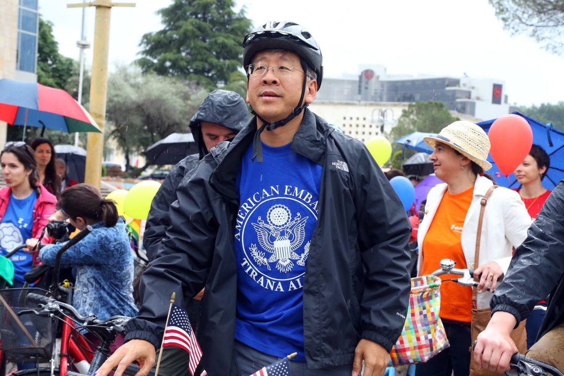 U.S. Ambassador to Albania Donald Lu takes part in the Tirana Gay (P)Ride 5 to show support for the LGBT community in the country, in Tirana, Saturday, May 14, 2016. Gay rights organizations are pressing the Albanian public and politicians to recognize the rights of the LGBT community in health, education and other spheres of life in the country. (AP Photo/Hektor Pustina) U.S. Ambassador to Albania Donald Lu takes part in the Tirana Gay (P)Ride 5 to show support for the LGBT community in the country, in Tirana, Saturday, May 14, 2016. Gay rights organizations are pressing the Albanian public and politicians to recognize the rights of the LGBT community in health, education and other spheres of life in the country. (AP Photo/Hektor Pustina)