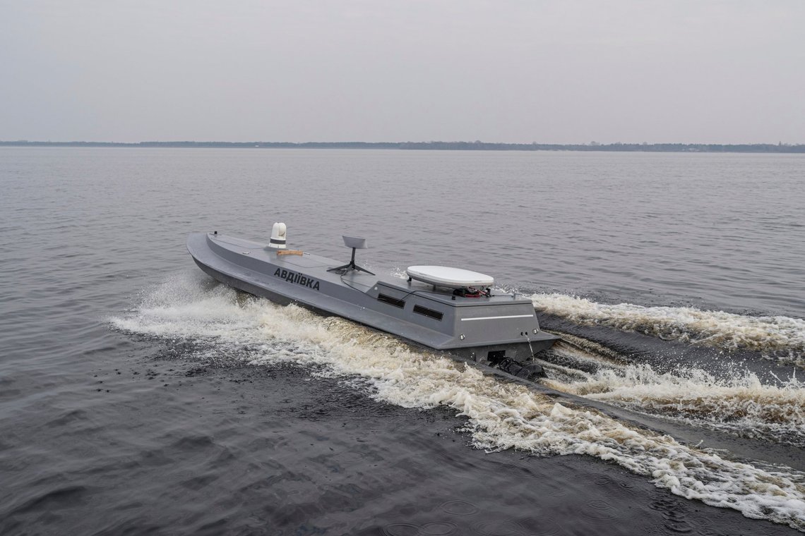 A new released Sea Baby drone "Avdiivka" rides on the water during the presentation by Ukraine's Security Service in Kyiv region, Ukraine, on Tuesday, March 5, 2024. "This is a drone with new, significantly improved seaworthiness and capabilities, which will definitely be able to deliver a payload of more than a ton at a distance of more than 1,100 kilometers," said a brigadier general from Ukraine's Military Counter-Intelligence, who ran the engineering team that created the new drone. United24, a government crowdfunding organization that elicits donations from companies and individuals worldwide, collects the funding. (AP Photo/Evgeniy Maloletka) A new released Sea Baby drone "Avdiivka" rides on the water during the presentation by Ukraine's Security Service in Kyiv region, Ukraine, on Tuesday, March 5, 2024. "This is a drone with new, significantly improved seaworthiness and capabilities, which will definitely be able to deliver a payload of more than a ton at a distance of more than 1,100 kilometers," said a brigadier general from Ukraine's Military Counter-Intelligence, who ran the engineering team that created the new drone. United24, a government crowdfunding organization that elicits donations from companies and individuals worldwide, collects the funding. (AP Photo/Evgeniy Maloletka)
