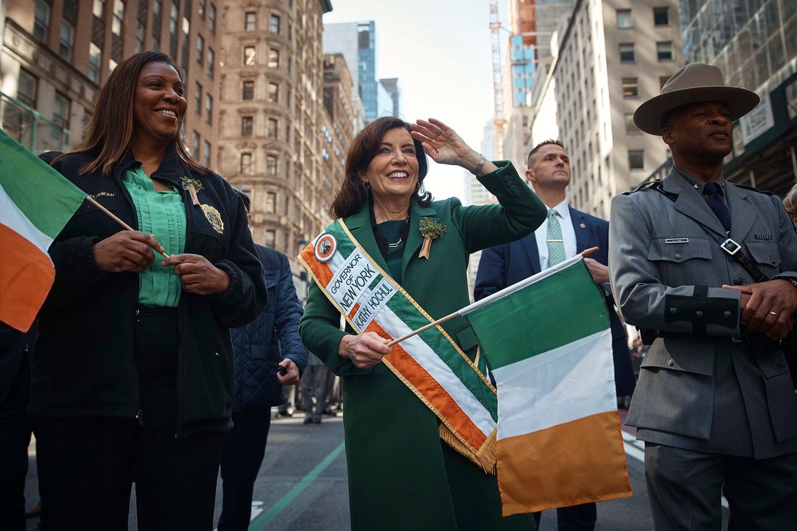 Attorney General of New York, Letitia James, left, and New York Governor Kathy Hochul, center, march during the St. Patrick's Day Parade on Saturday, March 16, 2024, in New York. (AP Photo/Andres Kudacki) Attorney General of New York, Letitia James, left, and New York Governor Kathy Hochul, center, march during the St. Patrick's Day Parade on Saturday, March 16, 2024, in New York. (AP Photo/Andres Kudacki)