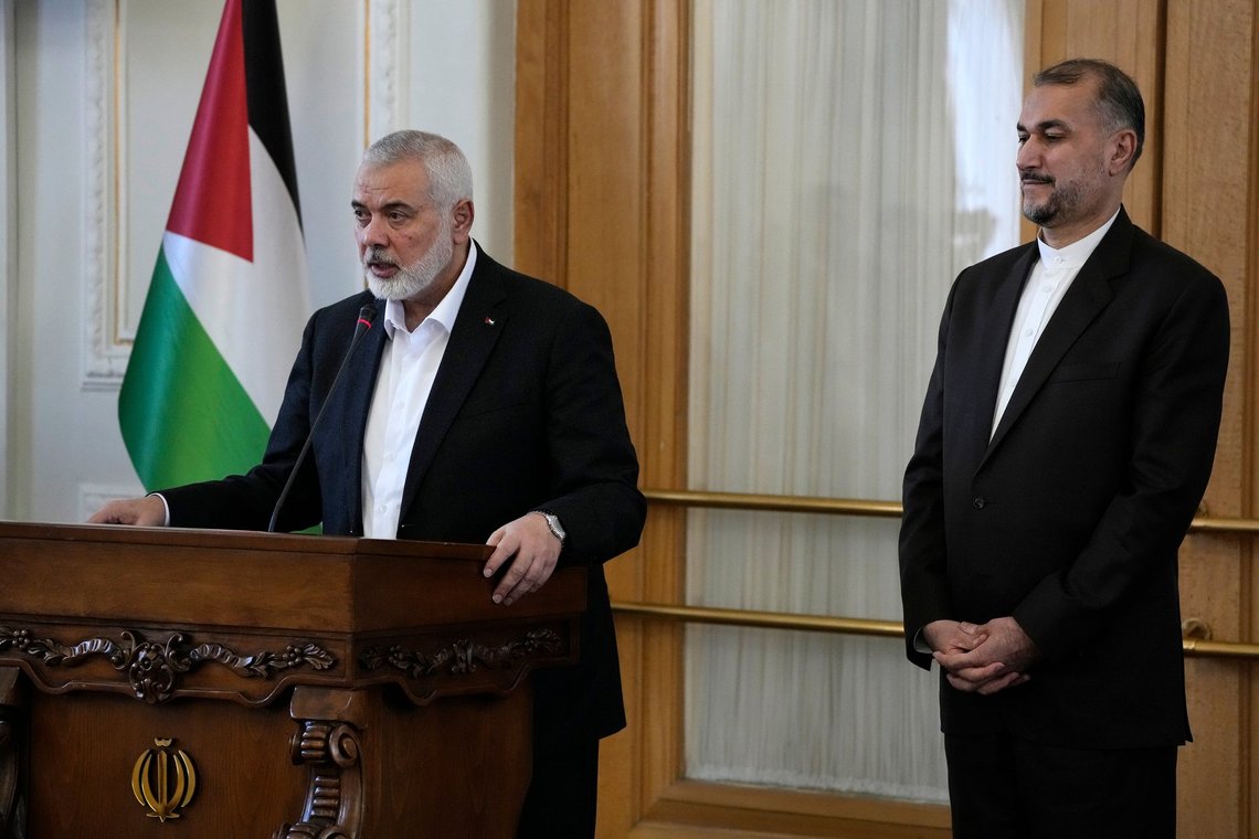 Hamas chief Ismail Haniyeh speaks during a press briefing after his meeting with Iranian Foreign Minister Hossein Amirabdollahian in Tehran, Iran, Tuesday, March 26, 2024. (AP Photo/Vahid Salemi) Hamas chief Ismail Haniyeh speaks during a press briefing after his meeting with Iranian Foreign Minister Hossein Amirabdollahian in Tehran, Iran, Tuesday, March 26, 2024. (AP Photo/Vahid Salemi)