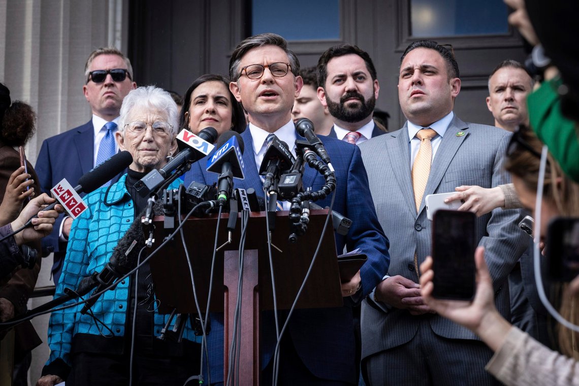 Speaker of the House Mike Johnson (R-LA) speaks to the media on the Lower Library steps on Columbia University's campus in New York on Wednesday April 24, 2024. (AP Photo/Stefan Jeremiah) Speaker of the House Mike Johnson (R-LA) speaks to the media on the Lower Library steps on Columbia University's campus in New York on Wednesday April 24, 2024. (AP Photo/Stefan Jeremiah)