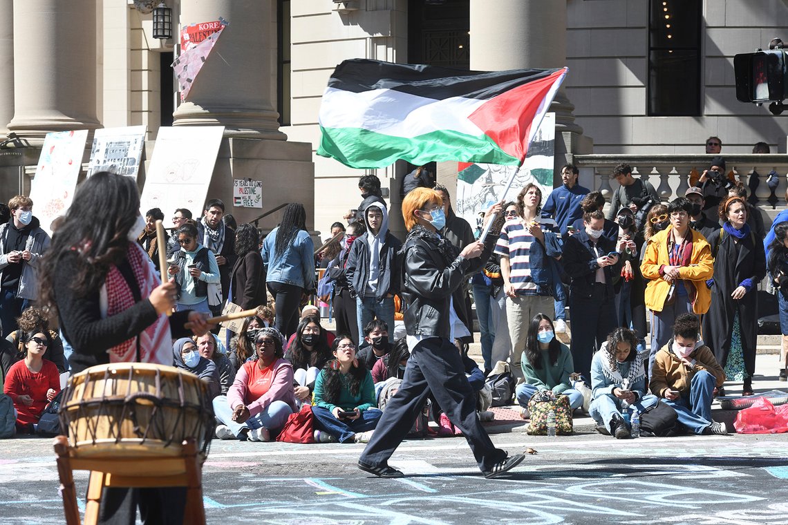Several hundred students and pro-Palestinian supporters rally at the intersection of Grove and College Streets, in front of Woolsey Hall on the campus of Yale University in New Haven, Conn. April 22, 2024. U.S. colleges and universities are preparing for end-of-year commencement ceremonies with a unique challenge: providing safety for graduates while honoring the free speech rights of students involved in protests over the Israel-Hamas war. (Ned Gerard/Hearst Connecticut Media via AP) Several hundred students and pro-Palestinian supporters rally at the intersection of Grove and College Streets, in front of Woolsey Hall on the campus of Yale University in New Haven, Conn. April 22, 2024. U.S. colleges and universities are preparing for end-of-year commencement ceremonies with a unique challenge: providing safety for graduates while honoring the free speech rights of students involved in protests over the Israel-Hamas war. (Ned Gerard/Hearst Connecticut Media via AP)