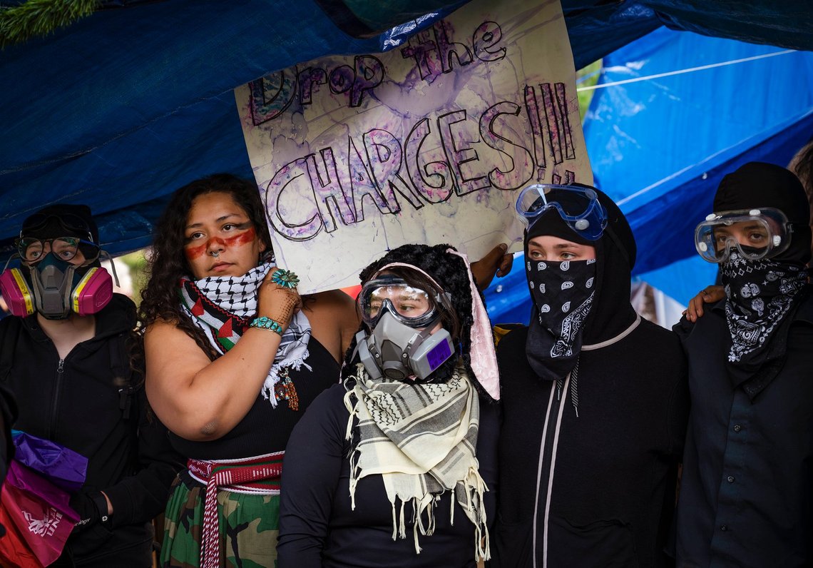 Pro-Palestinian anti-war protesters rally at the University of New Mexico Palestine solidarity encampment in response to a memo sent out by UNM President Garnett S. Stokes, informing demonstrators to take down the encampment in Albuquerque, N.M., on Tuesday, May 14, 2024. (Chancey Bush/The Albuquerque Journal via AP) Pro-Palestinian anti-war protesters rally at the University of New Mexico Palestine solidarity encampment in response to a memo sent out by UNM President Garnett S. Stokes, informing demonstrators to take down the encampment in Albuquerque, N.M., on Tuesday, May 14, 2024. (Chancey Bush/The Albuquerque Journal via AP)