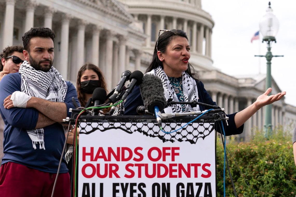 Rep. Rashida Tlaib, D-Mich., accompanied by George Washington University students speaks during a news conference at the U.S. Capitol, Wednesday, May 8, 2024, in Washington, after police cleared a pro-Palestinian tent encampment at George Washington University early Wednesday and arrested demonstrators. (AP Photo/Jose Luis Magana) Rep. Rashida Tlaib, D-Mich., accompanied by George Washington University students speaks during a news conference at the U.S. Capitol, Wednesday, May 8, 2024, in Washington, after police cleared a pro-Palestinian tent encampment at George Washington University early Wednesday and arrested demonstrators. (AP Photo/Jose Luis Magana)