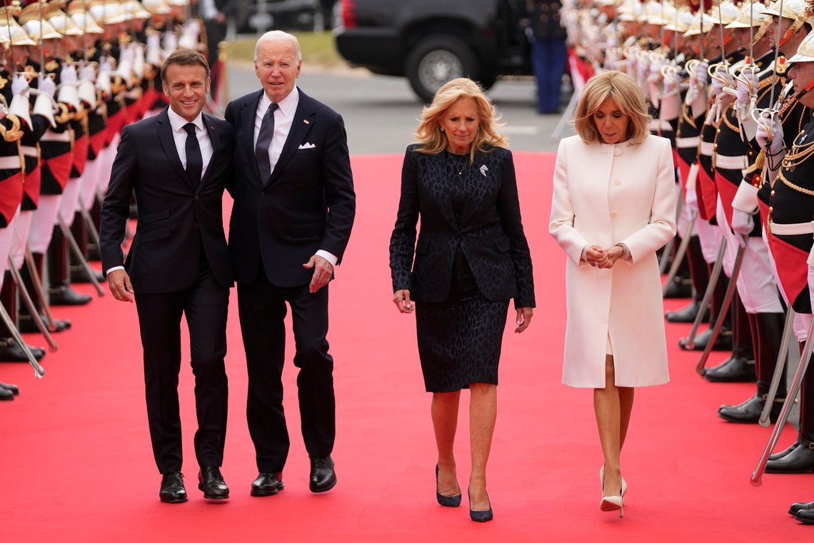 President Joe Biden, First Lady Jill Biden, French President Emmanuel Macron, left, and his wife Brigitte Macron, right, arrive at the international ceremony at Omaha Beach, near Saint-Laurent-sur-Mer, Thursday, June 6, 2024. Normandy is hosting various events to officially commemorate the 80th anniversary of the D-Day landings that took place on June 6, 1944. (AP Photo/Virginia Mayo, Pool) President Joe Biden, First Lady Jill Biden, French President Emmanuel Macron, left, and his wife Brigitte Macron, right, arrive at the international ceremony at Omaha Beach, near Saint-Laurent-sur-Mer, Thursday, June 6, 2024. Normandy is hosting various events to officially commemorate the 80th anniversary of the D-Day landings that took place on June 6, 1944. (AP Photo/Virginia Mayo, Pool)