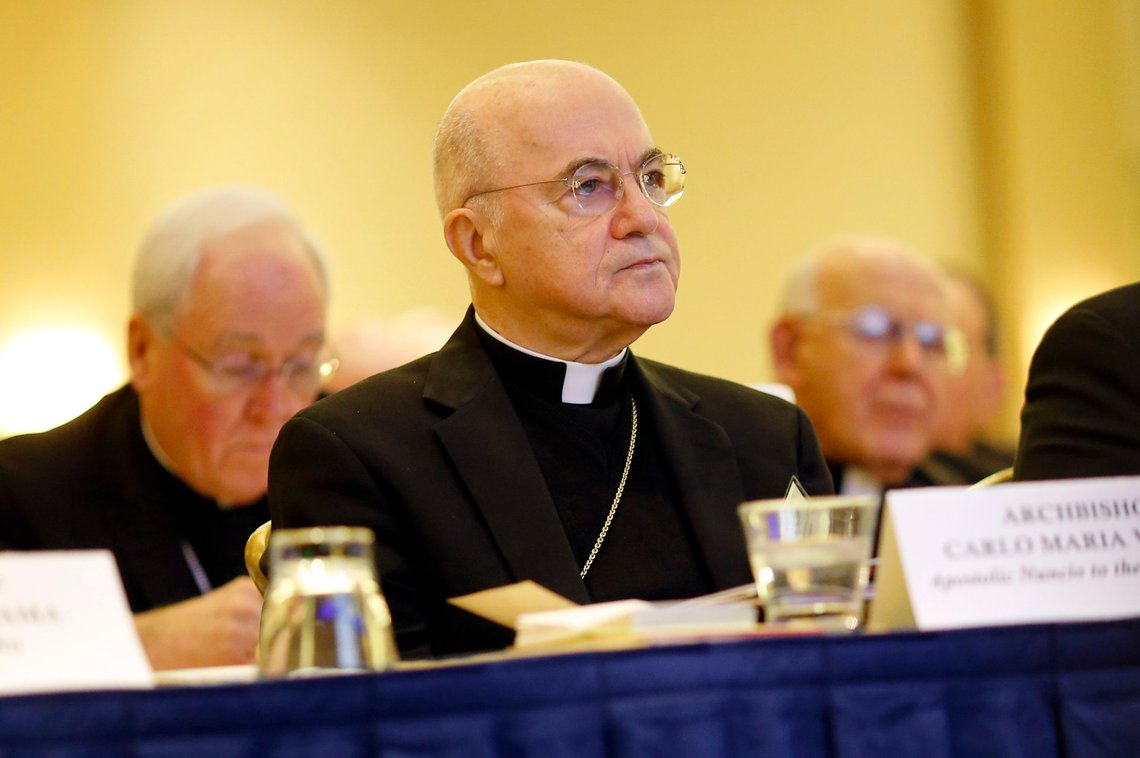 FILE - Archbishop Carlo Maria Vigano, Apostolic Nuncio to the U.S., listens to remarks at the U.S. Conference of Catholic Bishops' annual fall meeting in Baltimore, Nov. 16, 2015. The Vatican’s former nuncio to the United States, Archbishop Carlo Maria Vigano, said Thursday, June 20, 2024, he has been summoned by the Vatican to face charges of schism. (AP Photo/Patrick Semansky, File) FILE - Archbishop Carlo Maria Vigano, Apostolic Nuncio to the U.S., listens to remarks at the U.S. Conference of Catholic Bishops' annual fall meeting in Baltimore, Nov. 16, 2015. The Vatican’s former nuncio to the United States, Archbishop Carlo Maria Vigano, said Thursday, June 20, 2024, he has been summoned by the Vatican to face charges of schism. (AP Photo/Patrick Semansky, File)