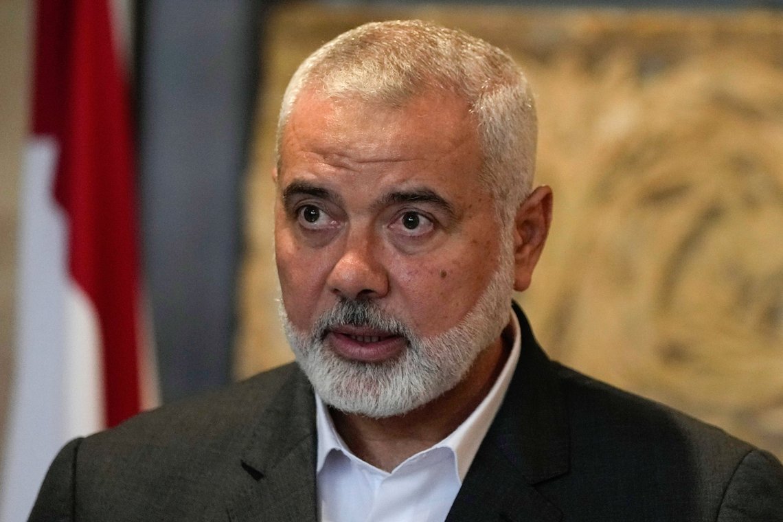 FILE - Ismail Haniyeh, leader of the Palestinian militant group Hamas, speaks to journalists after his meeting with Lebanese Parliament Speaker Nabih Berri, in Beirut, Lebanon, June 28, 2021. (AP Photo/Hassan Ammar, File) FILE - Ismail Haniyeh, leader of the Palestinian militant group Hamas, speaks to journalists after his meeting with Lebanese Parliament Speaker Nabih Berri, in Beirut, Lebanon, June 28, 2021. (AP Photo/Hassan Ammar, File)