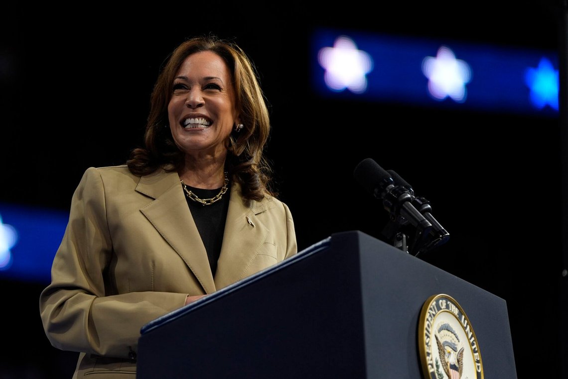 Democratic presidential nominee Vice President Kamala Harris speaks at a campaign rally at Desert Diamond Arena, Friday, Aug. 9, 2024, in Glendale, Ariz. (AP Photo/Julia Nikhinson) Democratic presidential nominee Vice President Kamala Harris speaks at a campaign rally at Desert Diamond Arena, Friday, Aug. 9, 2024, in Glendale, Ariz. (AP Photo/Julia Nikhinson)