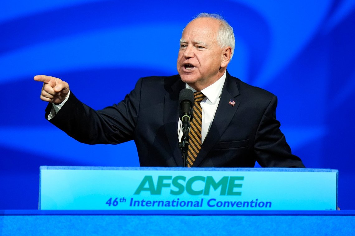 Democratic vice presidential nominee Minnesota Gov. Tim Walz speaks at the American Federation of State, County and Municipal Employees (AFSCME) Convention in Los Angeles, Tuesday, Aug. 13, 2024. (AP Photo/Jae C. Hong) Democratic vice presidential nominee Minnesota Gov. Tim Walz speaks at the American Federation of State, County and Municipal Employees (AFSCME) Convention in Los Angeles, Tuesday, Aug. 13, 2024. (AP Photo/Jae C. Hong)