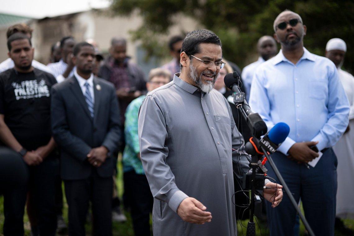 Imam Asad Zaman, executive director of the Muslim American Society of Minnesota, speaks to the media Wednesday, May 17, 2023, outside the burned-out Tawhid Islamic Center in St. Paul, Minn. The arson was one of at least six acts of vandalism or arson against mosques in Minnesota this year, and prompted Muslim and government officials to call for the state's residents to stand in unity with Muslims. (Aaron Lavinsky/Star Tribune via AP) Imam Asad Zaman, executive director of the Muslim American Society of Minnesota, speaks to the media Wednesday, May 17, 2023, outside the burned-out Tawhid Islamic Center in St. Paul, Minn. The arson was one of at least six acts of vandalism or arson against mosques in Minnesota this year, and prompted Muslim and government officials to call for the state's residents to stand in unity with Muslims. (Aaron Lavinsky/Star Tribune via AP)