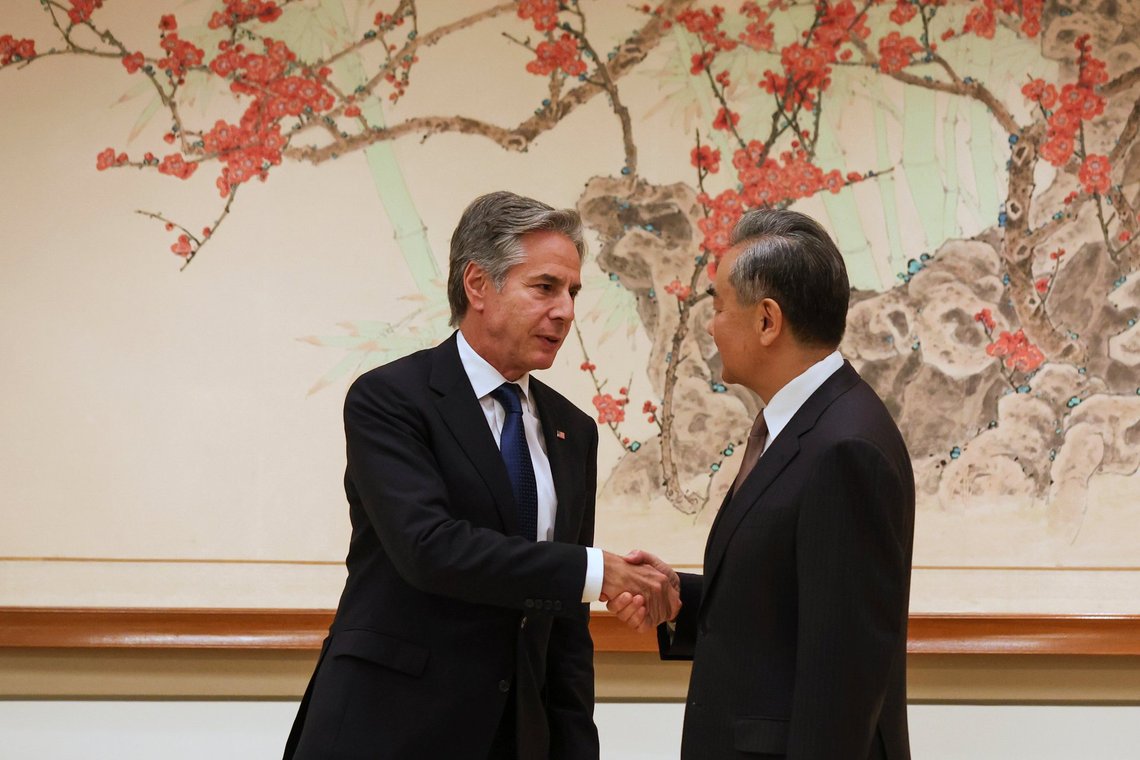 U.S. Secretary of State Antony J. Blinken, left, greets China's Foreign Minister Wang Yi before a meeting Friday, Sept. 27, 2024, in New York.(AP Photo/Heather Khalifa, Pool) U.S. Secretary of State Antony J. Blinken, left, greets China's Foreign Minister Wang Yi before a meeting Friday, Sept. 27, 2024, in New York.(AP Photo/Heather Khalifa, Pool)