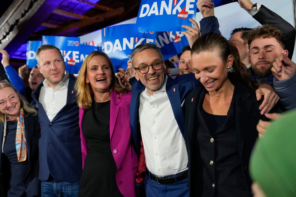 Herbert Kickl, leader of the Freedom Party of Austria celebrates with supporters, in Vienna, Austria, Sunday, Sept. 29, 2024, after polls closed in the country's national election. (AP Photo/Andreea Alexandru) Herbert Kickl, leader of the Freedom Party of Austria celebrates with supporters, in Vienna, Austria, Sunday, Sept. 29, 2024, after polls closed in the country's national election. (AP Photo/Andreea Alexandru)