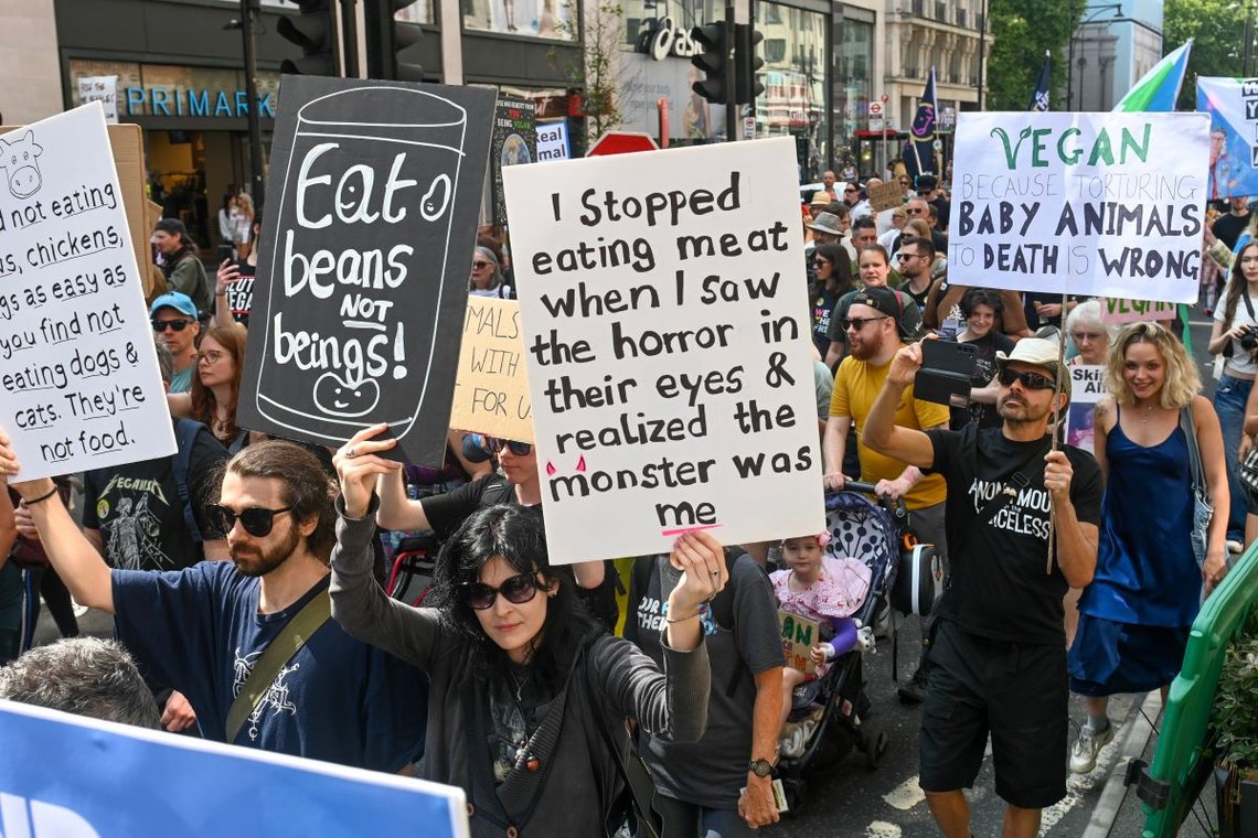 London, Storbritannien - 17. august 2024: National march for dyrs rettigheder. Foto: Shutterstock. »Jeg holdt op med at spise kød, da jeg så rædslen i dets øjne og indså, at det monster var mig,« står der på skiltet, som kvinden på billedet nedenfor holder. Vi kan næsten garantere, at hun og disse aktivister, som kæmper for dyrs rettigheder i London i august, er de samme, som kæmper for en kvindes ret til at vælge at abortere et barn. London, Storbritannien - 17. august 2024: National march for dyrs rettigheder. Foto: Shutterstock. »Jeg holdt op med at spise kød, da jeg så rædslen i dets øjne og indså, at det monster var mig,« står der på skiltet, som kvinden på billedet nedenfor holder. Vi kan næsten garantere, at hun og disse aktivister, som kæmper for dyrs rettigheder i London i august, er de samme, som kæmper for en kvindes ret til at vælge at abortere et barn.