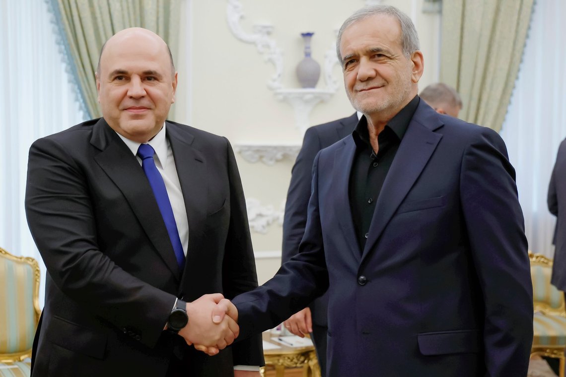 Russian Prime Minister Mikhail Mishustin, left, and President of Iran Masoud Pezeshkian pose for a photo prior to their talks in Tehran, Iran, Monday, Sept. 30, 2024. (Dmitry Astakhov, Sputnik, Government Pool Photo via AP) Russian Prime Minister Mikhail Mishustin, left, and President of Iran Masoud Pezeshkian pose for a photo prior to their talks in Tehran, Iran, Monday, Sept. 30, 2024. (Dmitry Astakhov, Sputnik, Government Pool Photo via AP)