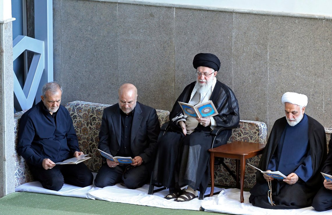 In this photo released by the official website of the office of the Iranian supreme leader, Supreme Leader Ayatollah Ali Khamenei, second right, Judiciary Chief Gholam Hossein Mohseni Ejehei, right, Parliament Speaker Mohammad Bagher Qalibaf, second left, and President Masoud Pezeshkian read Quran in a ceremony commemorating slain Hezbollah leader Hassan Nasrallah, at Imam Khomeini grand mosque in Tehran, Iran, Friday, Oct. 4, 2024. (Office of the Iranian Supreme Leader via AP) In this photo released by the official website of the office of the Iranian supreme leader, Supreme Leader Ayatollah Ali Khamenei, second right, Judiciary Chief Gholam Hossein Mohseni Ejehei, right, Parliament Speaker Mohammad Bagher Qalibaf, second left, and President Masoud Pezeshkian read Quran in a ceremony commemorating slain Hezbollah leader Hassan Nasrallah, at Imam Khomeini grand mosque in Tehran, Iran, Friday, Oct. 4, 2024. (Office of the Iranian Supreme Leader via AP)