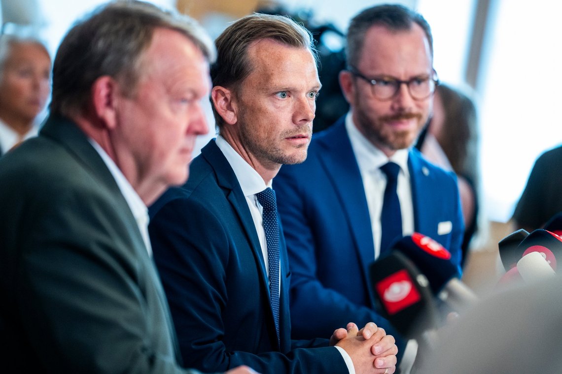 From left, Minister of Foreign Affairs Lars Loekke Rasmussen, Minister of Justice Peter Hummelgaard and Deputy Prime Minister Jakob Ellemann-Jensen present a bill on a Quran burning ban on a doorstep in Christiansborg, Copenhagen, Friday, Aug. 25, 2023. (Martin Sylvest/Ritzau Scanpix via AP) From left, Minister of Foreign Affairs Lars Loekke Rasmussen, Minister of Justice Peter Hummelgaard and Deputy Prime Minister Jakob Ellemann-Jensen present a bill on a Quran burning ban on a doorstep in Christiansborg, Copenhagen, Friday, Aug. 25, 2023. (Martin Sylvest/Ritzau Scanpix via AP)