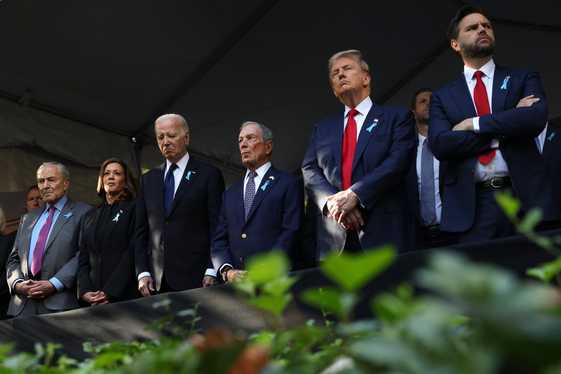 From left, Sen. Chuck Schumer, R-NY, Democratic presidential nominee Vice President Kamala Harris, President Joe Biden, Michael Bloomberg, Republican presidential nominee former President Donald Trump and Republican vice presidential nominee Sen. JD Vance, R-Ohio, attend the 9/11 Memorial ceremony on the 23rd anniversary of the Sept. 11, 2001 terror attacks, Wednesday, Sept. 11, 2024, in New York. (AP Photo/Yuki Iwamura) From left, Sen. Chuck Schumer, R-NY, Democratic presidential nominee Vice President Kamala Harris, President Joe Biden, Michael Bloomberg, Republican presidential nominee former President Donald Trump and Republican vice presidential nominee Sen. JD Vance, R-Ohio, attend the 9/11 Memorial ceremony on the 23rd anniversary of the Sept. 11, 2001 terror attacks, Wednesday, Sept. 11, 2024, in New York. (AP Photo/Yuki Iwamura)