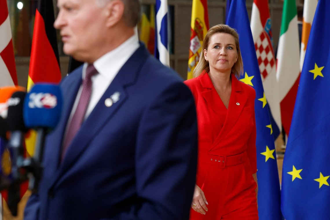 Denmark's Prime Minister Mette Frederiksen, right, arrives as Lithuania's President Gitanas Nauseda talks to journalists during an EU summit in Brussels, Thursday, Oct. 17, 2024. (AP Photo/Geert Vanden Wijngaert) Denmark's Prime Minister Mette Frederiksen, right, arrives as Lithuania's President Gitanas Nauseda talks to journalists during an EU summit in Brussels, Thursday, Oct. 17, 2024. (AP Photo/Geert Vanden Wijngaert)