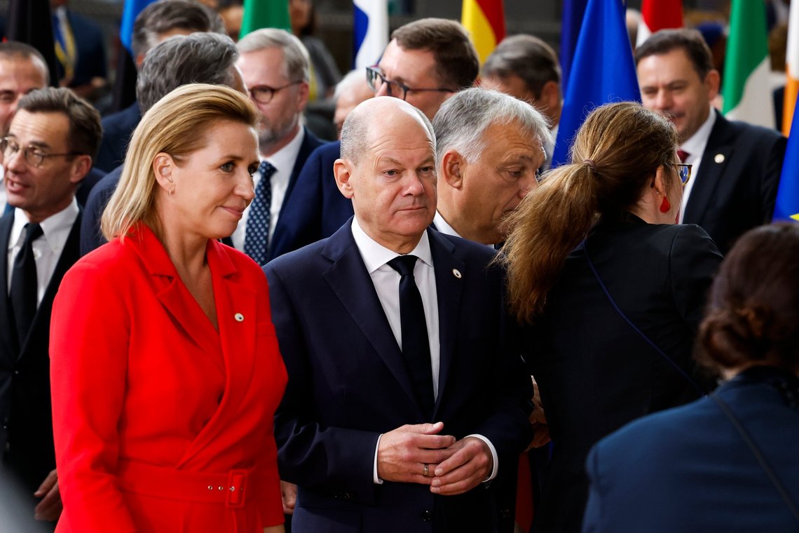 Germany's Chancellor Olaf Scholz, right, and Denmark's Prime Minister Mette Frederiksen arrive with other EU leaders for a group photo during an EU summit in Brussels, Thursday, Oct. 17, 2024. (AP Photo/Geert Vanden Wijngaert) Germany's Chancellor Olaf Scholz, right, and Denmark's Prime Minister Mette Frederiksen arrive with other EU leaders for a group photo during an EU summit in Brussels, Thursday, Oct. 17, 2024. (AP Photo/Geert Vanden Wijngaert)
