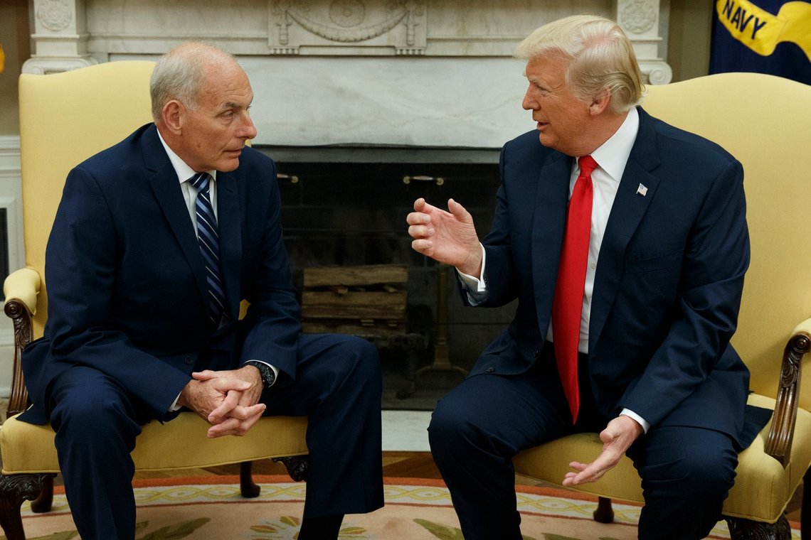 FILE - President Donald Trump talks with White House Chief of Staff John Kelly after he was privately sworn in during a ceremony in the Oval Office in Washington, July 31, 2017. (AP Photo/Evan Vucci, File) FILE - President Donald Trump talks with White House Chief of Staff John Kelly after he was privately sworn in during a ceremony in the Oval Office in Washington, July 31, 2017. (AP Photo/Evan Vucci, File)