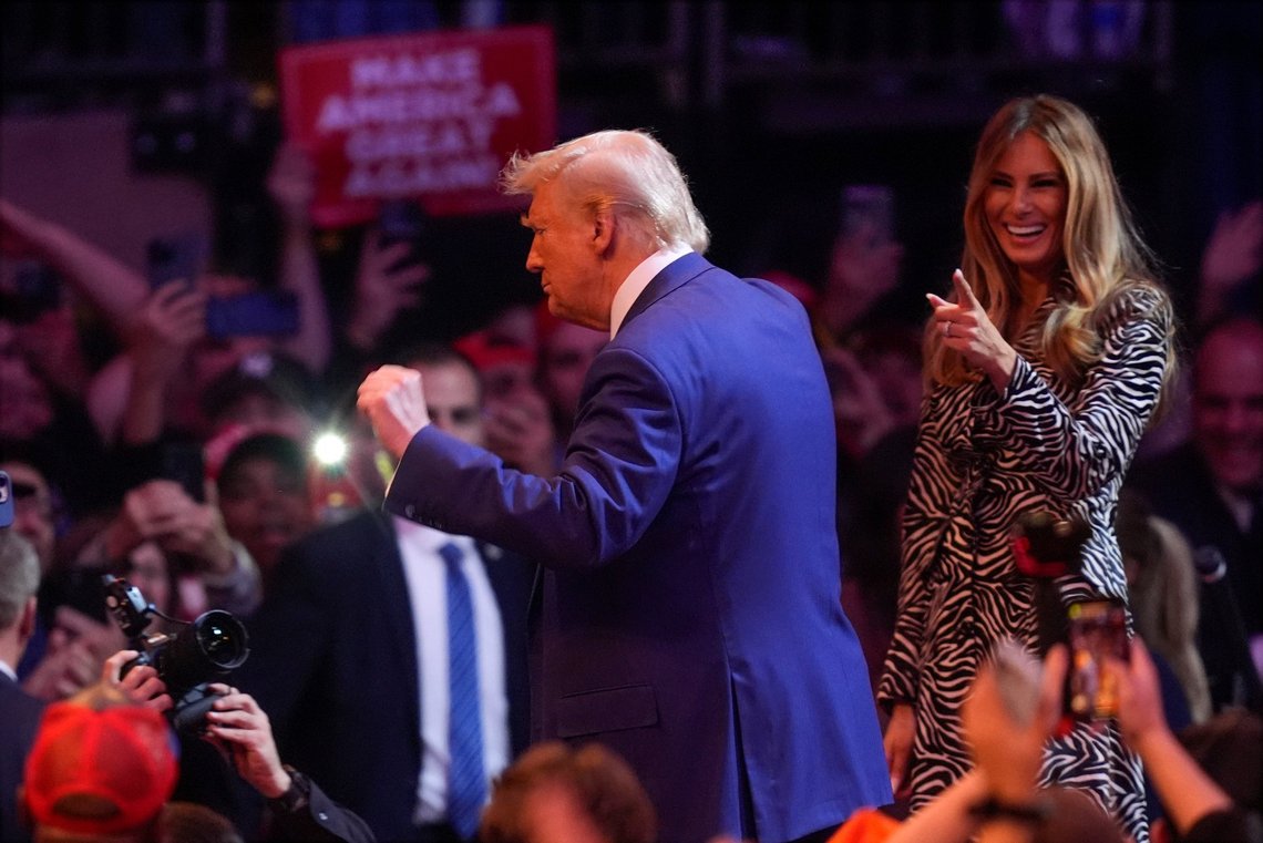 Republican presidential nominee former President Donald Trump dances as former first lady Melania Trump smiles at a campaign rally at Madison Square Garden, Sunday, Oct. 27, 2024, in New York. (AP Photo/Evan Vucci) Republican presidential nominee former President Donald Trump dances as former first lady Melania Trump smiles at a campaign rally at Madison Square Garden, Sunday, Oct. 27, 2024, in New York. (AP Photo/Evan Vucci)