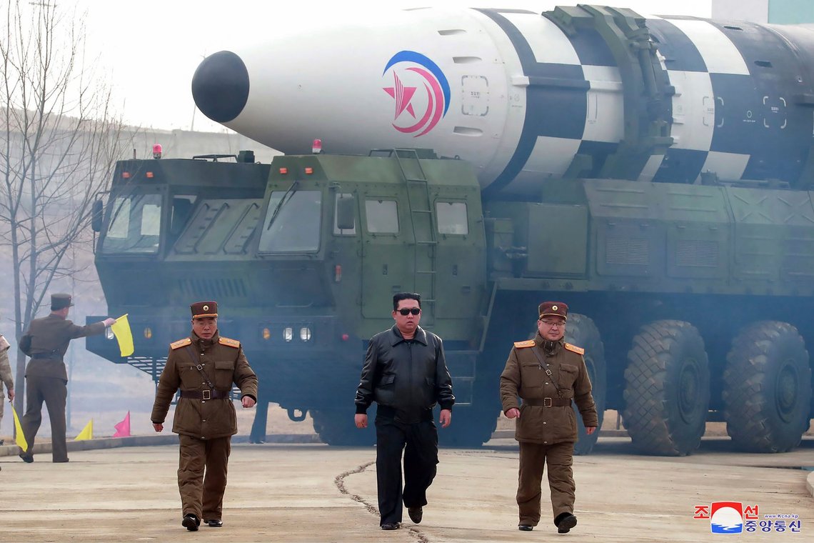 FILE - In this photo distributed by the North Korean government, North Korean leader Kim Jong Un, center, walks around what it says is a Hwasong-17 intercontinental ballistic missile (ICBM) on the launcher at an undisclosed location in North Korea, March 24, 2022. Independent journalists were not given access to cover the event depicted in this image distributed by the North Korean government. The content of this image is as provided and cannot be independently verified. Korean language watermark on image as provided by source reads: "KCNA" which is the abbreviation for Korean Central News Agency. (Korean Central News Agency/Korea News Service via AP, File) FILE - In this photo distributed by the North Korean government, North Korean leader Kim Jong Un, center, walks around what it says is a Hwasong-17 intercontinental ballistic missile (ICBM) on the launcher at an undisclosed location in North Korea, March 24, 2022. Independent journalists were not given access to cover the event depicted in this image distributed by the North Korean government. The content of this image is as provided and cannot be independently verified. Korean language watermark on image as provided by source reads: "KCNA" which is the abbreviation for Korean Central News Agency. (Korean Central News Agency/Korea News Service via AP, File)