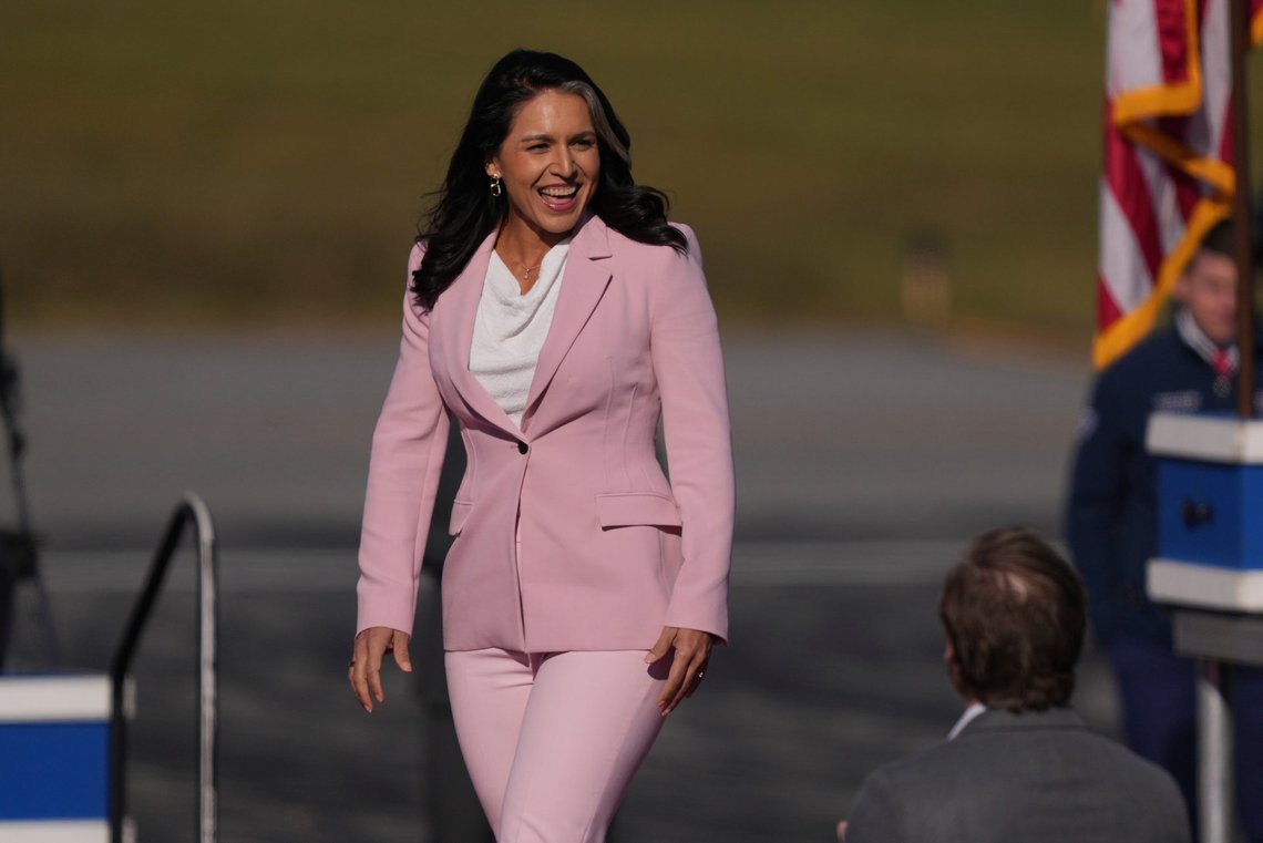 Tulsi Gabbard arrives to speak before Republican presidential nominee former President Donald Trump at a campaign rally in Lititz, Pa., Sunday, Nov. 3, 2024. (AP Photo/Matt Rourke) Tulsi Gabbard arrives to speak before Republican presidential nominee former President Donald Trump at a campaign rally in Lititz, Pa., Sunday, Nov. 3, 2024. (AP Photo/Matt Rourke)