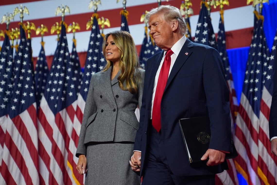 Republican presidential nominee former President Donald Trump stands with former first lady Melania Trump at an election night watch party at the Palm Beach Convention Center, Wednesday, Nov. 6, 2024, in West Palm Beach, Fla. (AP Photo/Evan Vucci) Republican presidential nominee former President Donald Trump stands with former first lady Melania Trump at an election night watch party at the Palm Beach Convention Center, Wednesday, Nov. 6, 2024, in West Palm Beach, Fla. (AP Photo/Evan Vucci)