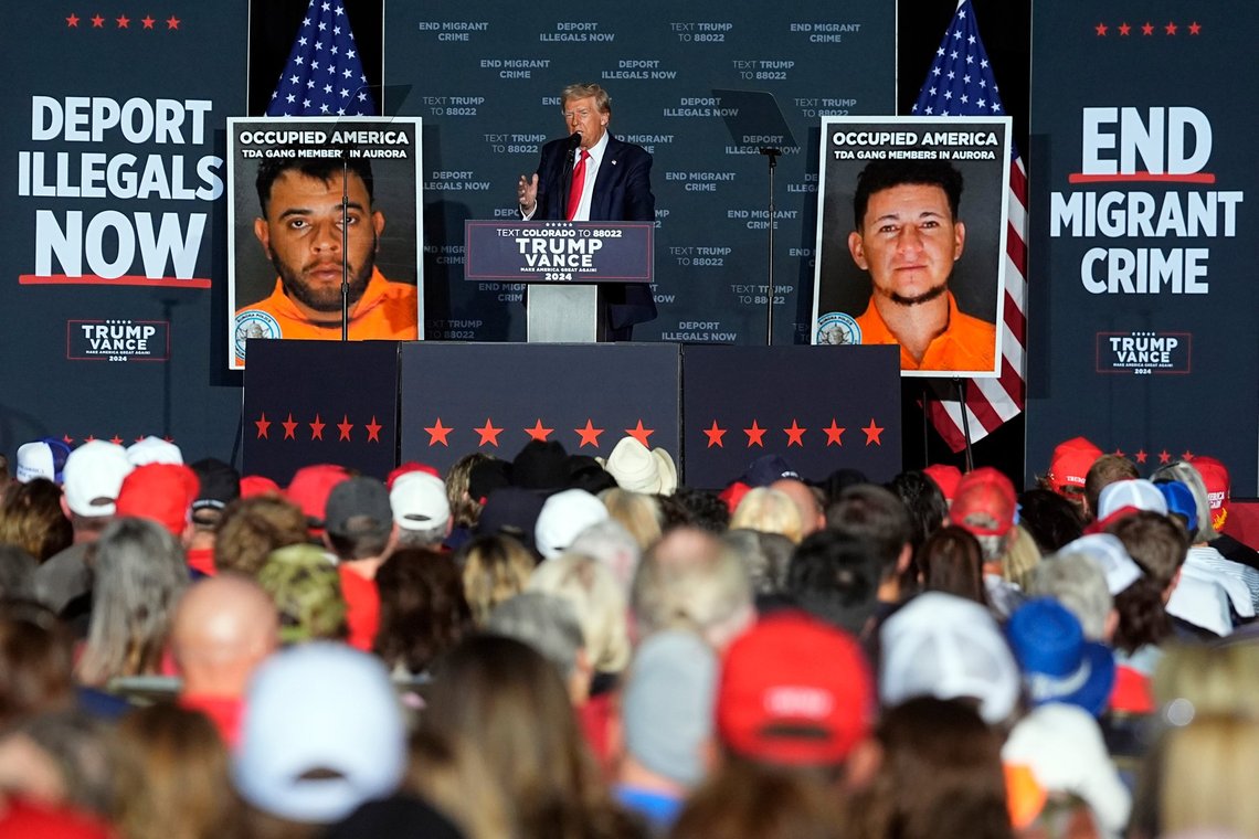FILE - Republican presidential nominee former President Donald Trump speaks during a campaign rally at the Gaylord Rockies Resort and Convention Center Friday, Oct. 11, 2024, in Aurora, Colo. (AP Photo/David Zalubowski, File) FILE - Republican presidential nominee former President Donald Trump speaks during a campaign rally at the Gaylord Rockies Resort and Convention Center Friday, Oct. 11, 2024, in Aurora, Colo. (AP Photo/David Zalubowski, File)