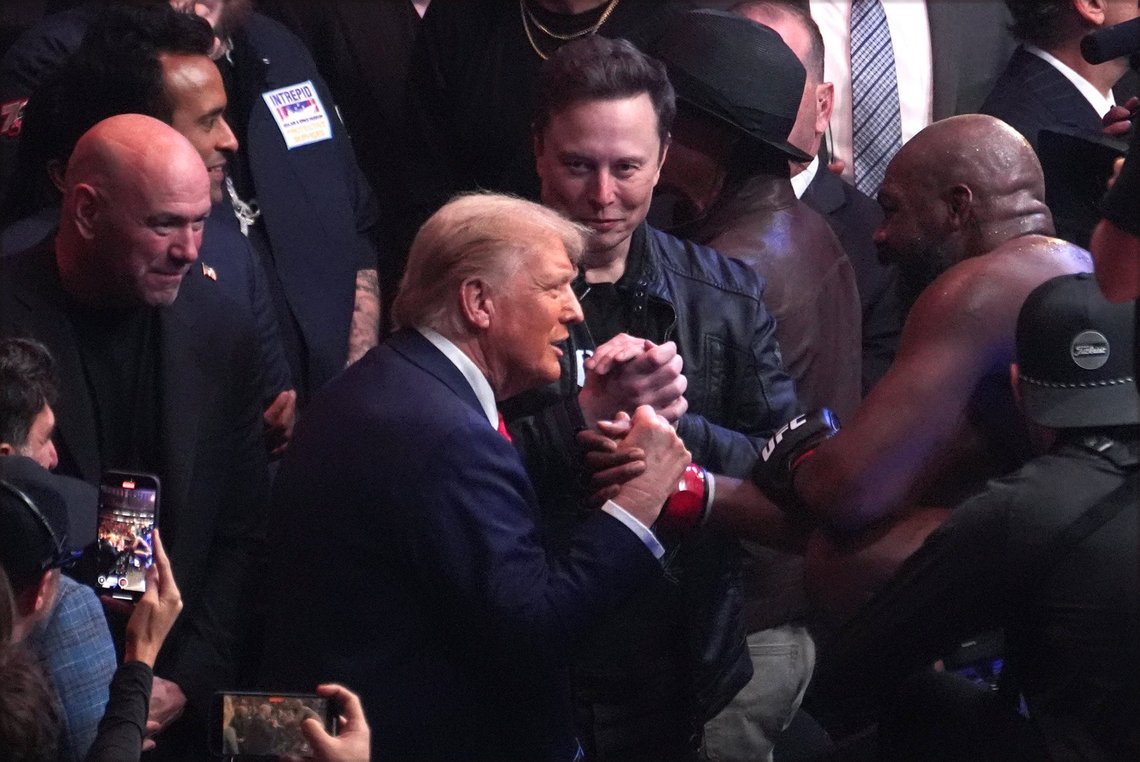 President-elect Donald Trump greets Jon Jones after he defeated Stipe Miocic at UFC 309 at Madison Square Garden, early Sunday, Nov. 17, 2024, in New York. (AP Photo/Evan Vucci) President-elect Donald Trump greets Jon Jones after he defeated Stipe Miocic at UFC 309 at Madison Square Garden, early Sunday, Nov. 17, 2024, in New York. (AP Photo/Evan Vucci)