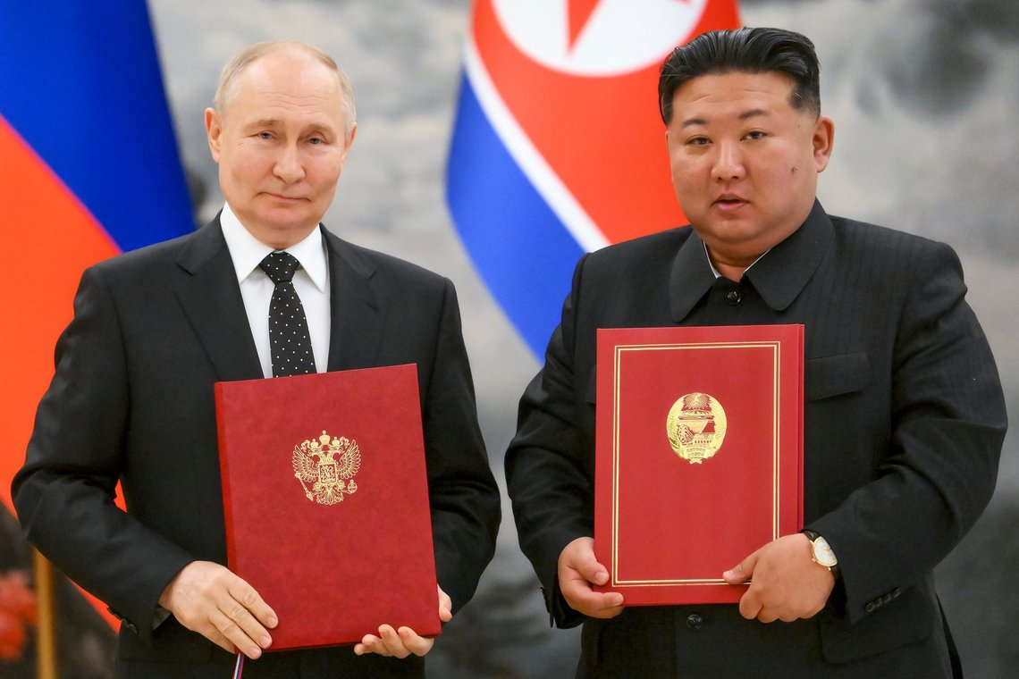 FILE - Russian President Vladimir Putin, left, and North Korea's leader Kim Jong Un pose for a photo during a signing ceremony of the new partnership in Pyongyang, North Korea, on June 19, 2024. (Kristina Kormilitsyna, Sputnik, Kremlin Pool Photo via AP, File) FILE - Russian President Vladimir Putin, left, and North Korea's leader Kim Jong Un pose for a photo during a signing ceremony of the new partnership in Pyongyang, North Korea, on June 19, 2024. (Kristina Kormilitsyna, Sputnik, Kremlin Pool Photo via AP, File)
