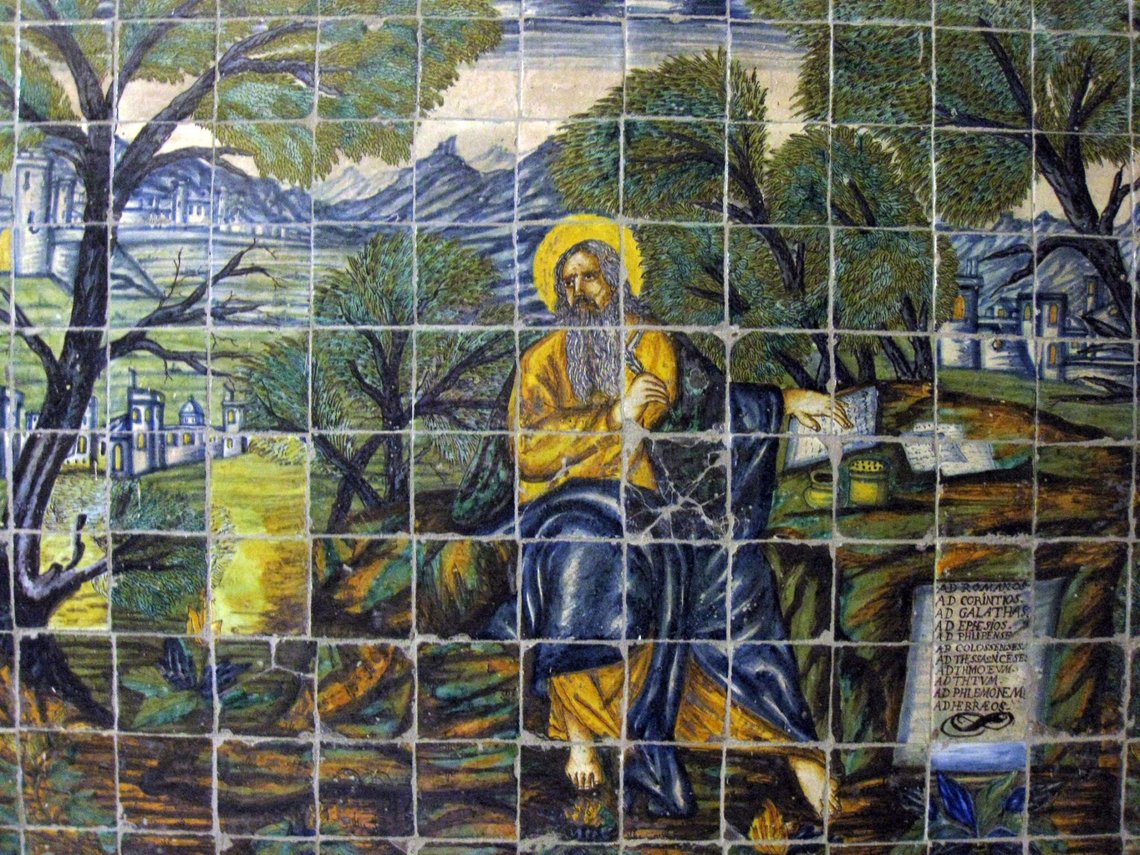 Fra en udsmykning af Llorenç Passola, der illustrerer begivenheder i Sankt Pauls liv i indgangshallen til Casa de Convalescència, en del af Hospital de la Santa Creu-komplekset, som i dag huser Institut for Catalanske Studier i Barcelona. Foto: Enfo / Wikimedia Commons (cc by-sa 3.0). Fra en udsmykning af Llorenç Passola, der illustrerer begivenheder i Sankt Pauls liv i indgangshallen til Casa de Convalescència, en del af Hospital de la Santa Creu-komplekset, som i dag huser Institut for Catalanske Studier i Barcelona. Foto: Enfo / Wikimedia Commons (cc by-sa 3.0).