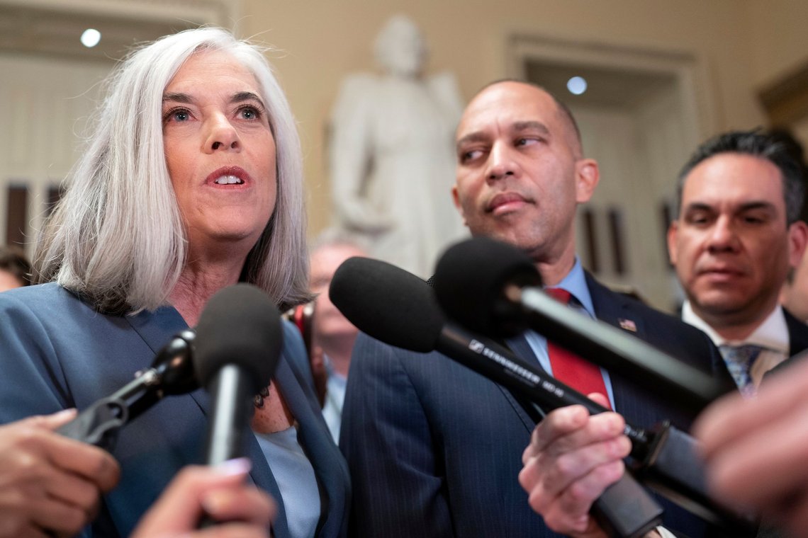 Democratic Whip Rep. Katherine Clark, D-Mass., accompanied by House Minority Leader Hakeem Jeffries of N.Y., and Democratic Caucus Chair Rep. Pete Aguilar, D-Calif,. talks to reporters as they walk to the House chamber at the Capitol in Washington, Friday, Oct. 20, 2023. (AP Photo/Jose Luis Magana) Democratic Whip Rep. Katherine Clark, D-Mass., accompanied by House Minority Leader Hakeem Jeffries of N.Y., and Democratic Caucus Chair Rep. Pete Aguilar, D-Calif,. talks to reporters as they walk to the House chamber at the Capitol in Washington, Friday, Oct. 20, 2023. (AP Photo/Jose Luis Magana)