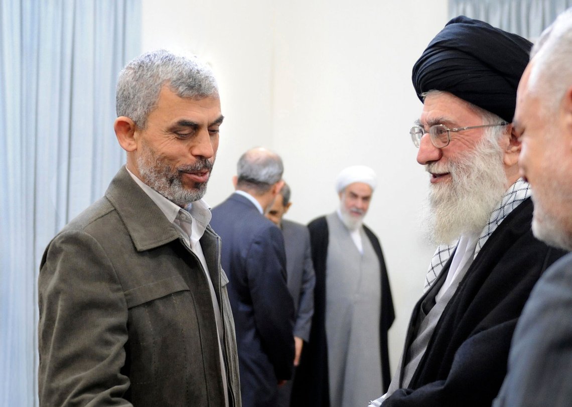 In this photo released by the office of the Iranian supreme leader, Supreme Leader Ayatollah Ali Khamenei, right, greets Yahya Sinwar, a member of the delegation led by then Palestinian Prime Minister Ismail Haniyeh, in a meeting in Tehran, Iran, Feb. 12, 2012. (Office of the Iranian Supreme Leader via AP) In this photo released by the office of the Iranian supreme leader, Supreme Leader Ayatollah Ali Khamenei, right, greets Yahya Sinwar, a member of the delegation led by then Palestinian Prime Minister Ismail Haniyeh, in a meeting in Tehran, Iran, Feb. 12, 2012. (Office of the Iranian Supreme Leader via AP)