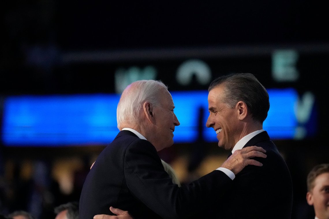 President Biden hugs his son Hunter Biden during the Democratic National Convention Monday, Aug. 19, 2024, in Chicago. (AP Photo/Brynn Anderson) President Biden hugs his son Hunter Biden during the Democratic National Convention Monday, Aug. 19, 2024, in Chicago. (AP Photo/Brynn Anderson)