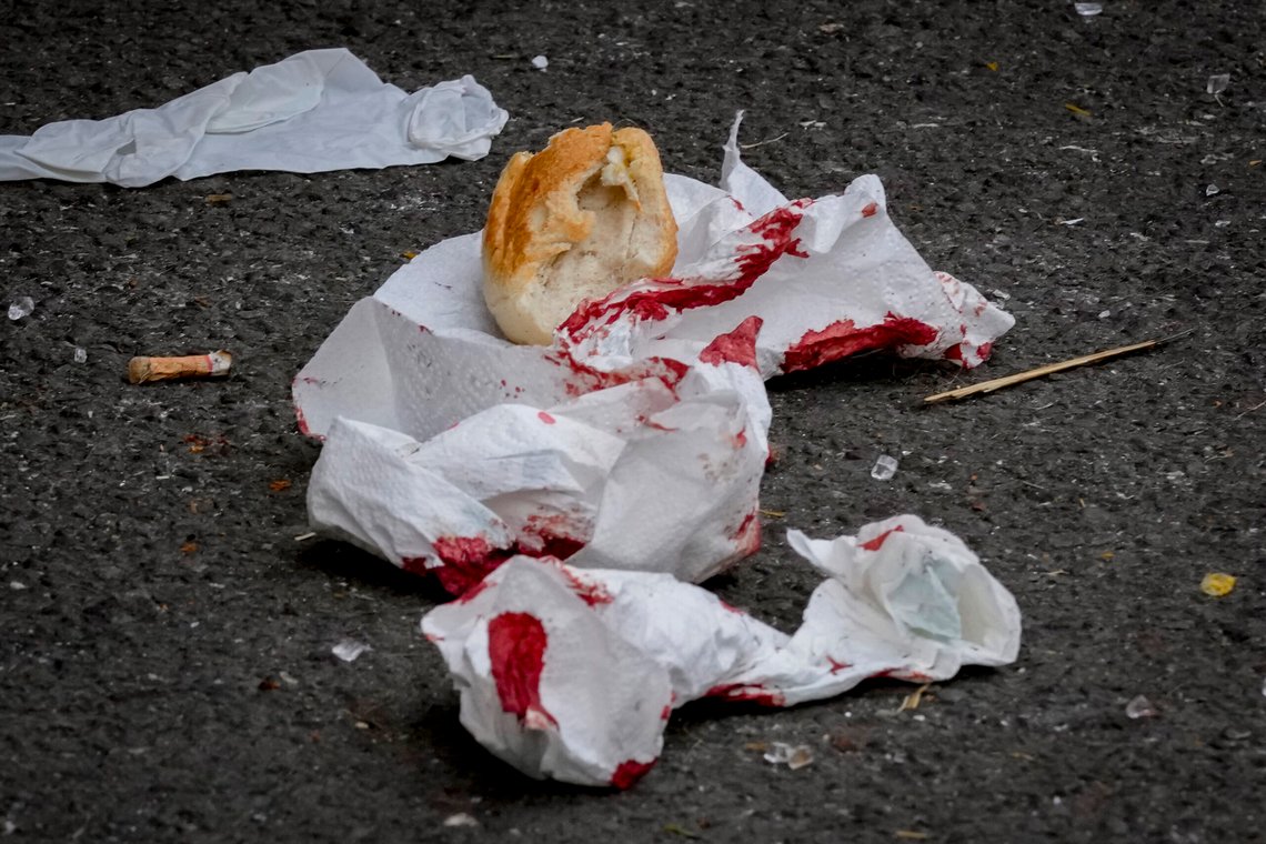 Blood covered tissues lie on the ground at a Christmas Market, where a car drove into a crowd on Friday evening, in Magdeburg, Germany, Saturday, Dec. 21, 2024. (AP Photo/Michael Probst) Blood covered tissues lie on the ground at a Christmas Market, where a car drove into a crowd on Friday evening, in Magdeburg, Germany, Saturday, Dec. 21, 2024. (AP Photo/Michael Probst)